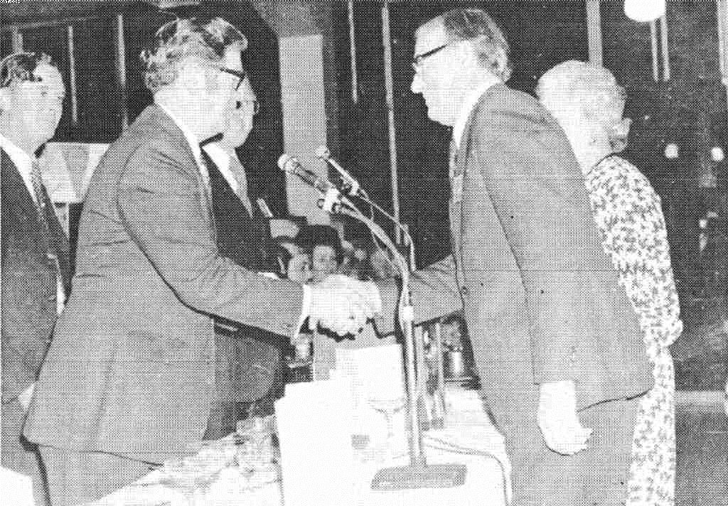 Charter Night 8 May 1974 and founding member Gerald Maister and wife Coralie receiving greetings from DG James Keenan