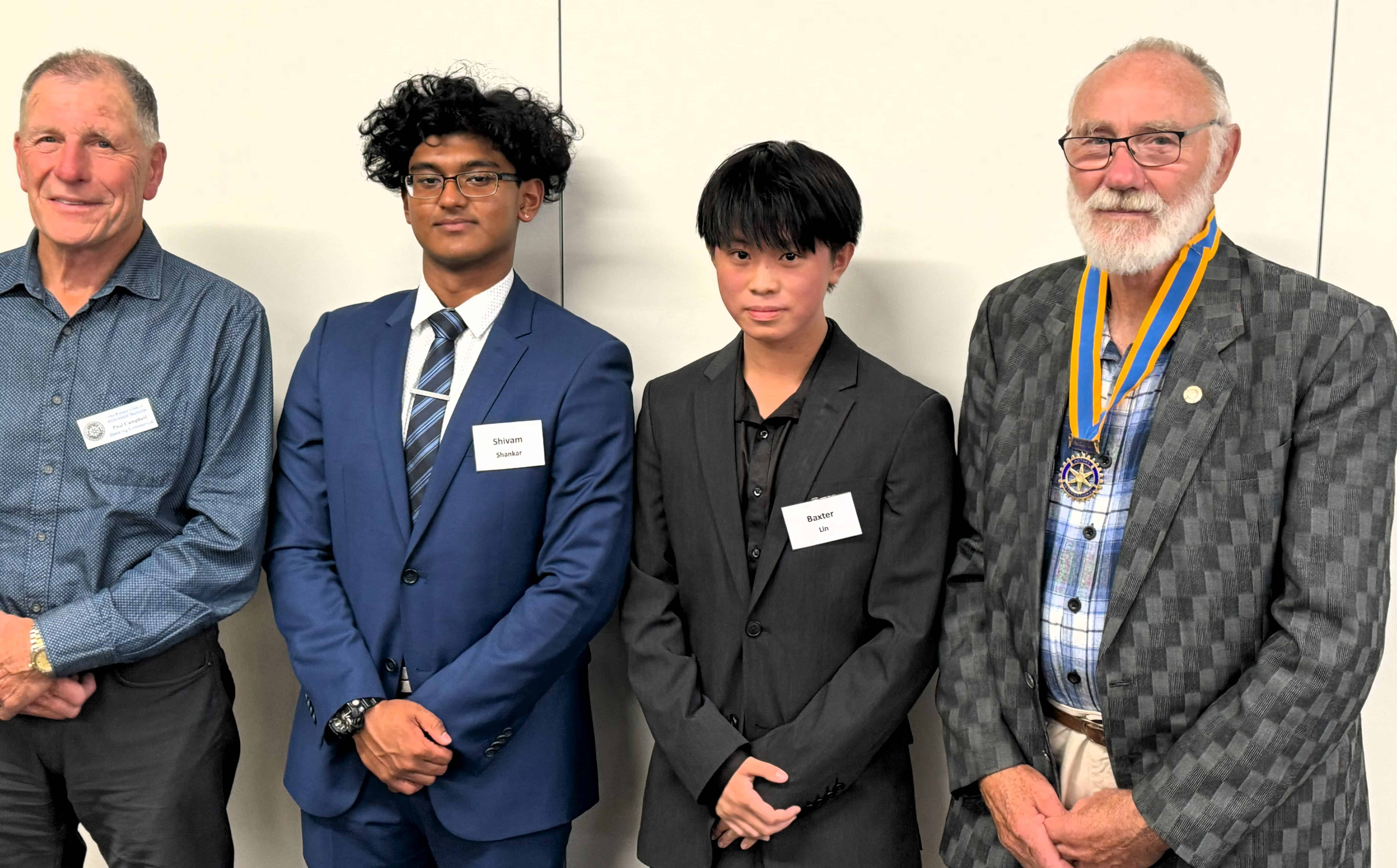 Baxter and Shiva at RCBB Meeting Youth Director Paul, Club President Rod pictured with 2024 Science & Technology attendees Baxter and Shiva.